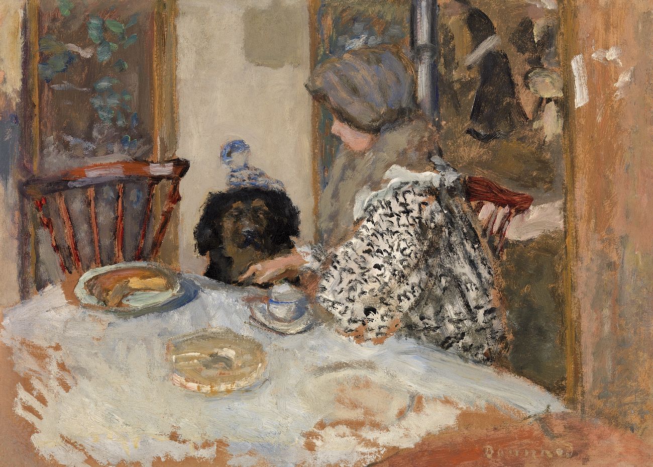 Woman and Dog at Table